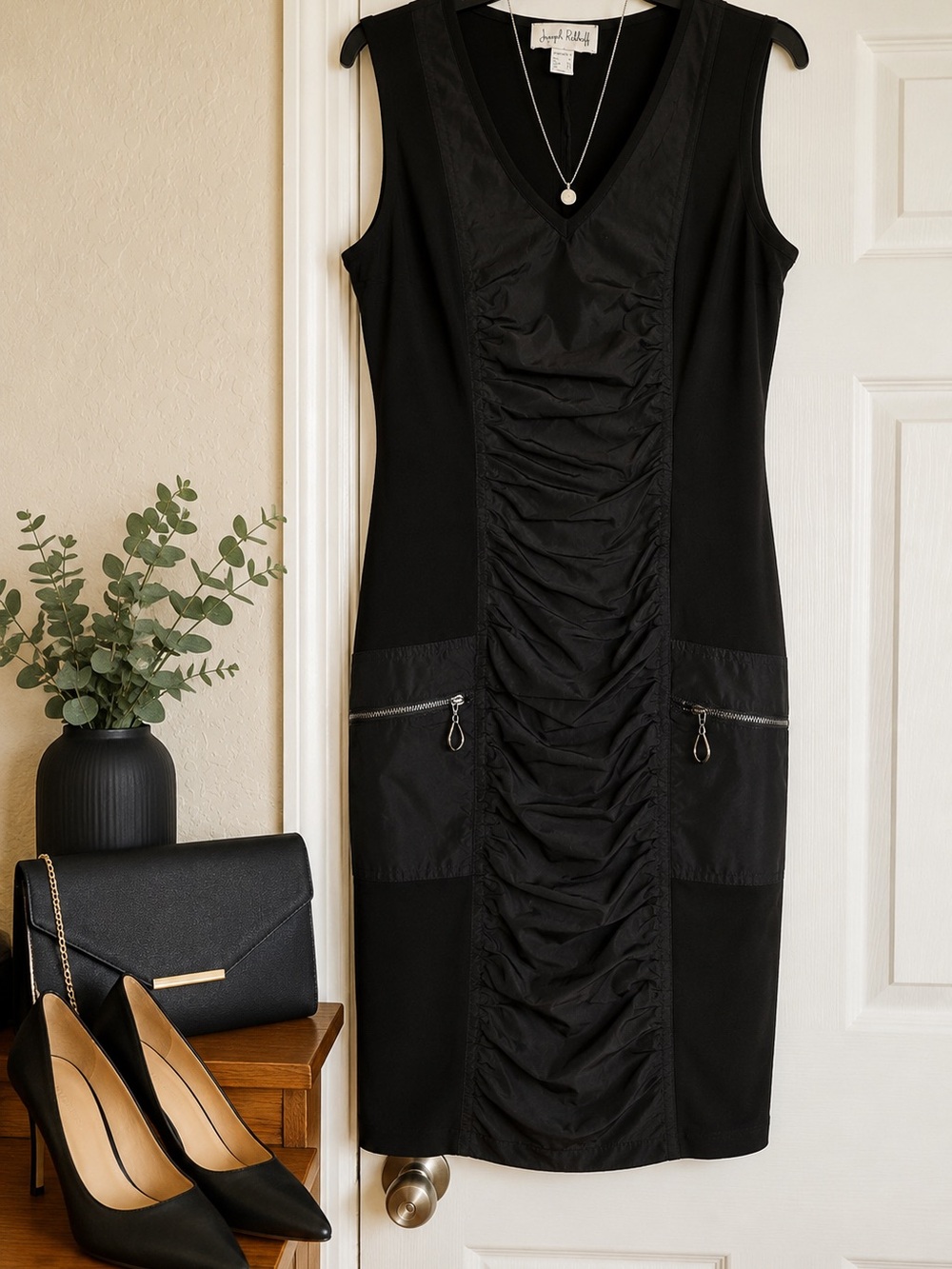 Joseph Ribkoff Black Ruched V-Neck Midi Dress with Zip Pocket Accents